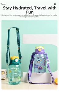 Detail of dinosaur and robot cartoon water bottles with bear ear lids and carry straps