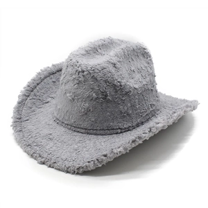 Top view of a grey plush cowboy hat with faux shearling texture and wide brim