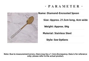 Detail specifications of golden rhinestone spoon showing dimensions 21.5cm by 4cm