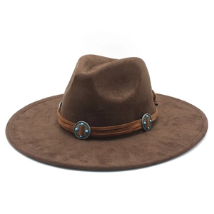 Retro Western Cowboy Fedora Hat Suede Wide Brim With Faux Leather Belt And Turquoise Accents For Men Women