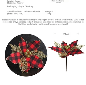 Detail view of 17x21cm red buffalo plaid Christmas flower with gold glitter accents