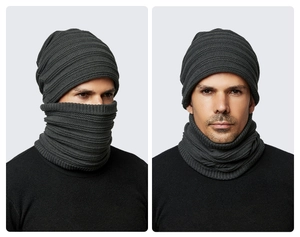 Detailed knit texture of dark grey men winter hat and neck warmer scarf set