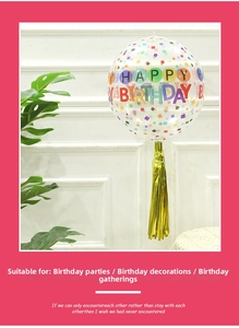Detailed view of clear 4D birthday balloon with colorful sequins and golden fringe
