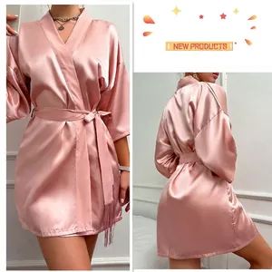 Pink silk-like satin kimono robe with mid-sleeves and adjustable tassel waist belt