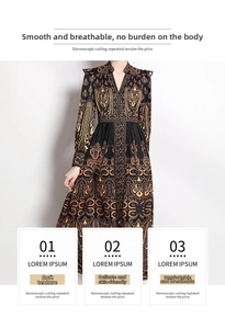 Detailed view of the Baroque print pattern and high-waist cut on a long-sleeved dress