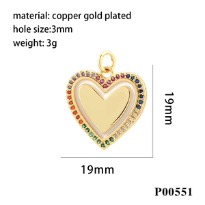 Copper gold-plated heart pendant with colorful zircon and shell inlay measurements