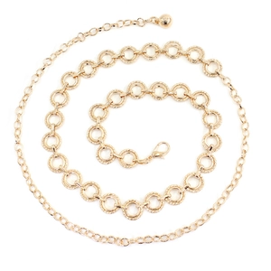 Elegant gold metal ring chain belt with adjustable link and ball pendant on white background