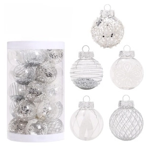Set of 25 clear PET Christmas balls with silver sequins and floral patterns in a cylinder box
