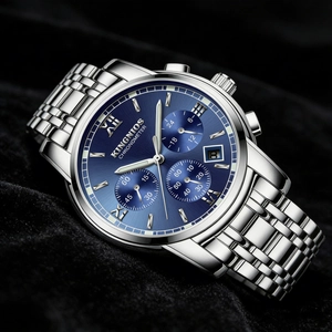 Elegant men's stainless steel chronograph watch with blue dial and date display