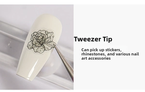 Detailed macro view of sharp stainless steel tweezers picking up a floral nail art sticker