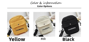 Detailed comparison of canvas crossbody bags in yellow, off-white, and black colors