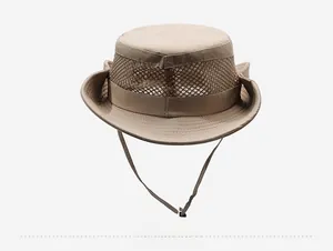 Rear view of khaki sun hat with wide brim, breathable mesh and adjustable wind rope