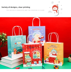 Detailed view of colorful Christmas paper gift bags with snowman and reindeer illustrations