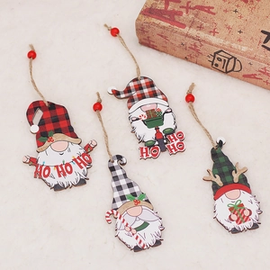 Set of 4 Christmas wooden gnome hanging ornaments with plaid hats and festive HO HO HO text