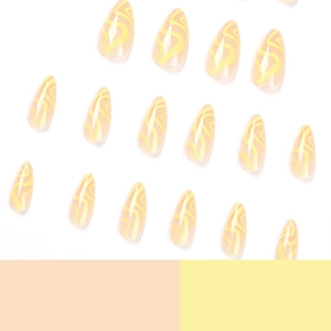 Minimalist almond press-on nails with nude base and bright yellow wavy line patterns