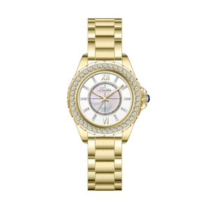 Close-up of gold-tone watch with mother of pearl dial and crystal-encrusted bezel