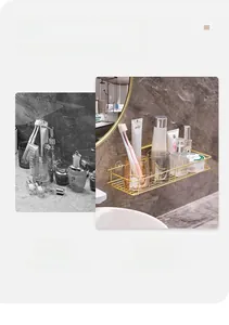 Wall-mounted gold iron bathroom shelf showing tidy organization vs messy space