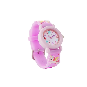 Close-up of pink silicone watch strap with 3D unicorn and colorful numeral dial