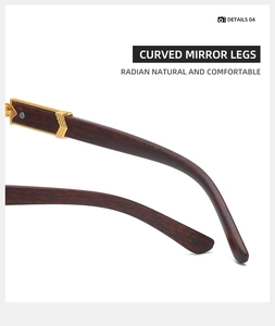 Detail of curved metal sunglasses legs with premium dark wood grain and gold finish