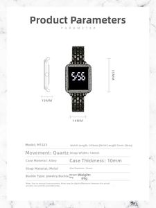 Detailed size chart for stylish LED rhinestone watch with case and strap dimensions