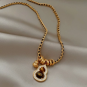 18K gold plated gourd pendant necklace with tiger eye stone and sparkling zircon accents