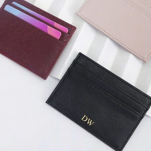 Slim Saffiano PU leather card holders in burgundy, black and nude pink colors