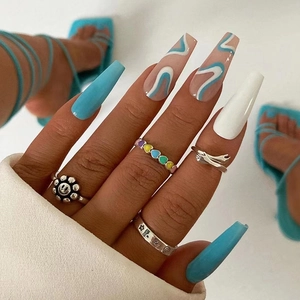 Long Coffin Press On Nails Blue White Wavy Pattern Glossy Artificial False Nails For Women Summer Style