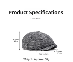 Detailed view of grey herringbone newsboy cap with specified dimensions and fabric texture
