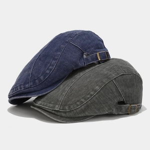 Retro washed denim beret ivy cap in navy and grey with adjustable metal buckle