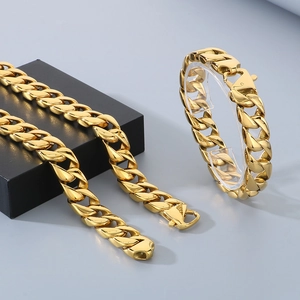 Polished 15mm gold-toned stainless steel Cuban chain necklace and bracelet jewelry set