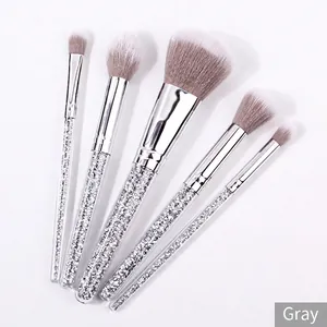 Makeup Brushes With Synthetic Fiber Bristles And Shiny Rhinestone Diamond Acrylic Handles For Powder Blusher Eyeshadow