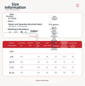 Size chart for brushed contrast yoga bodysuit with fabric composition and measurements