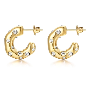 French vintage gold C-shape hoop earrings with wavy texture and clear zircon stones