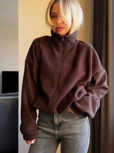Women Long Sleeve Polar Fleece Sweatshirt Stand Collar Zipper Windproof Loose Fit Casual Winter Jacket Top