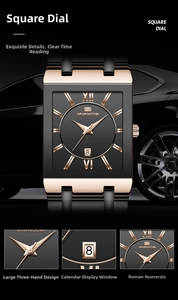 Macro detail of square gold watch face with roman numerals and calendar window