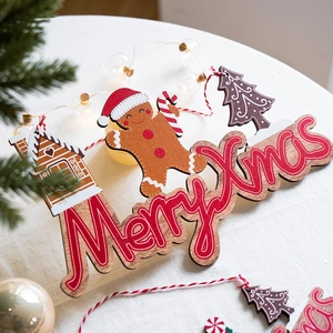 Christmas wooden gingerbread man hanging sign decoration with Merry Xmas text