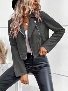Detail of faux suede jacket featuring a lapel collar and metal zipper in dark grey