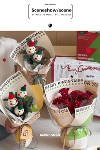 Close-up of Merry Christmas themed gift wrapping paper with red roses and snowman dolls