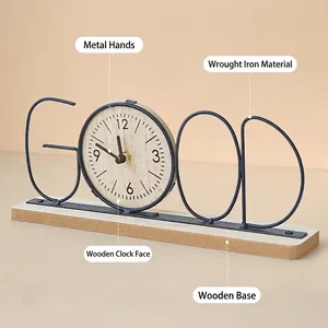 Creative GOOD word iron clock with light wood dial on a wooden base for table decor