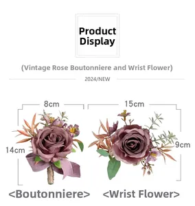 Detailed view of vintage purple rose boutonniere and wrist corsage with size dimensions