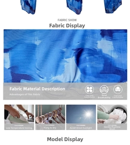 Breathable blue abstract print fabric detail with laundry care instructions for dress