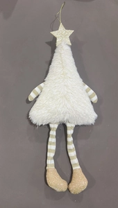 Detail of white plush Christmas tree ornament with gold sequins and long striped legs