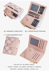 Pink quilted wallet detail showing 11 card slots, zipper pocket and large bill compartment