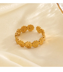 Macro view of adjustable golden daisy ring on elegant beige satin background