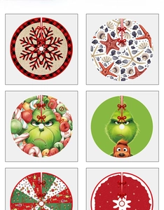 Detail view of various 90cm Christmas tree skirts with Grinch and plaid prints
