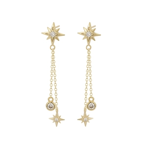 Luxurious gold S925 silver long fringe earrings with eight-pointed stars and shiny zircons