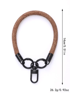 Brown braided wrist strap for phone case with metal rings showing 14cm length and 26.2g weight