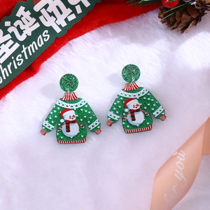Creative Christmas acrylic sweater earrings with cute snowman and green glitter details