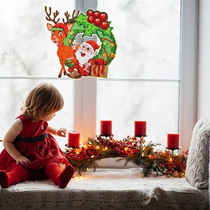 DIY 5D Christmas wreath diamond painting with Santa and reindeer on window glass