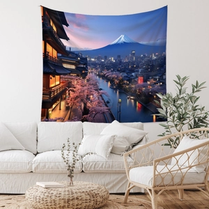 Detailed scenery of Mount Fuji and cherry blossoms on a bohemian wall hanging tapestry